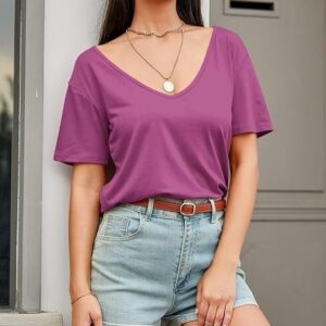 Eachyes Women's Deep V Neck Casual Short Sleeve Loose Fit Fashion T Shirt