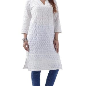 Tromboo Hand Chikan Allover Embroidery White V Neck Glaze Cotton Kurti for Women