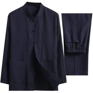 Men Cotton Linen Tai Chi Set Chinese Traditional Tang Suit Martial Arts Clothing Shirts Trousers Tai Chi Kung Fu Uniform Two Pieces Dark blue-Medium