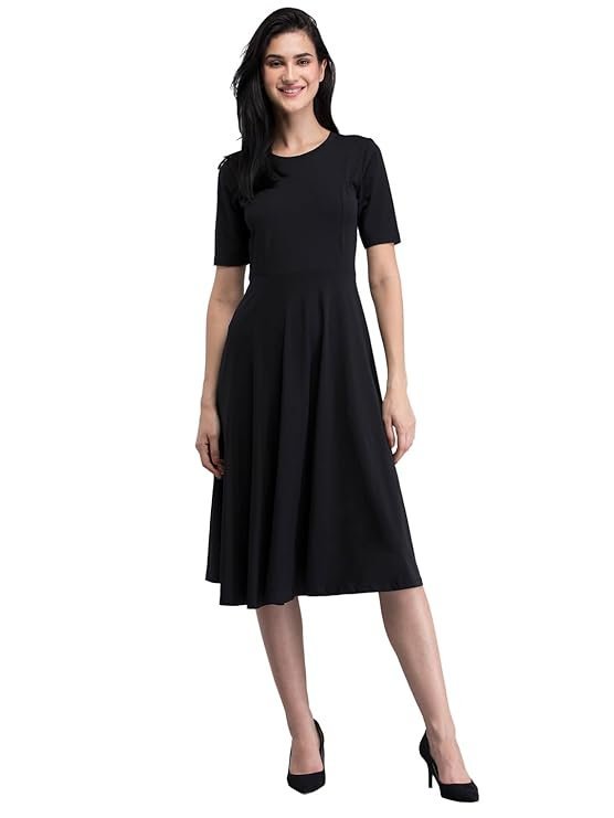 FableStreet Cotton Round Neck Knitted Fit and Flare Dress - Black