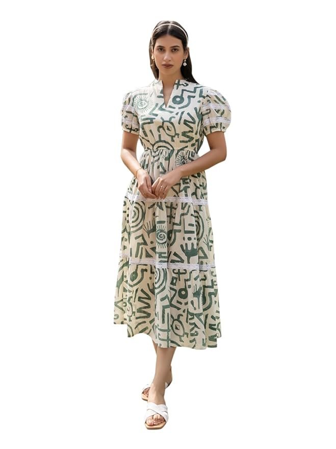 FIORRA Women's Off-White Printed Cotton Midi Dress