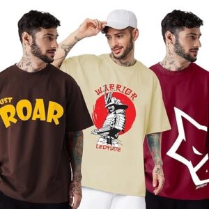 LEOTUDE Men's Cotton Regular Fit Half Sleeve Oversized Tshirt, Round Neck Longline Drop Shoulder | ful Printed Combo T-Shirt