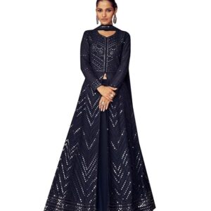 TRENDMALLS Women's Georgette Embroidery Anarklai Suit Set Kurta Lehenga with Dupatta Blue Kurta Set for Women