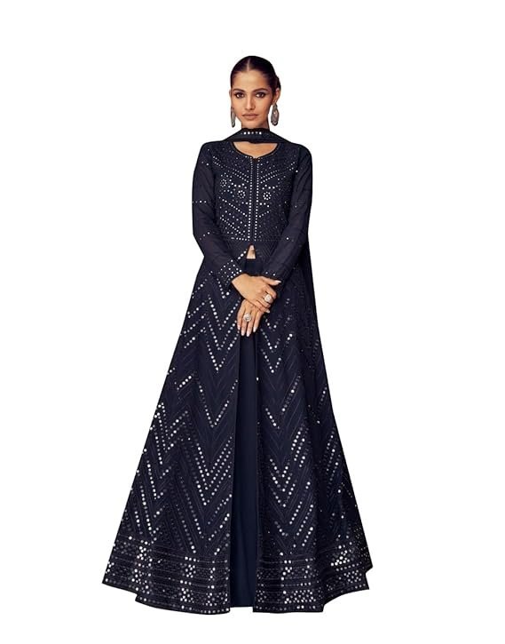 TRENDMALLS Women's Georgette Embroidery Anarklai Suit Set Kurta Lehenga with Dupatta Blue Kurta Set for Women