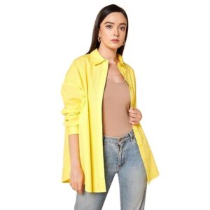 HIGH STAR Women's Cotton Oversized Fit Solid Spread Collar Shirt