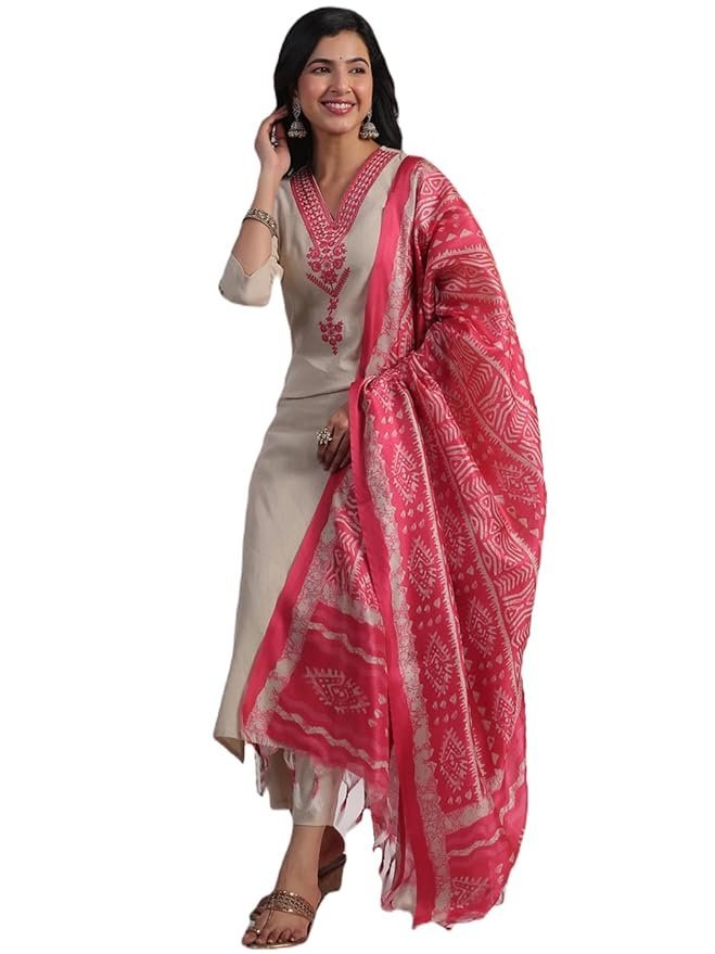 GoSriKi Women's Rayon Blend Embroidered Straight Kurta with Pant & Dupatta