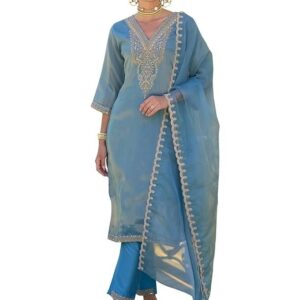 INDO ERA Women's Black Silk Blend Embroidered Straight Kurta & Pant with Dupatta Set (