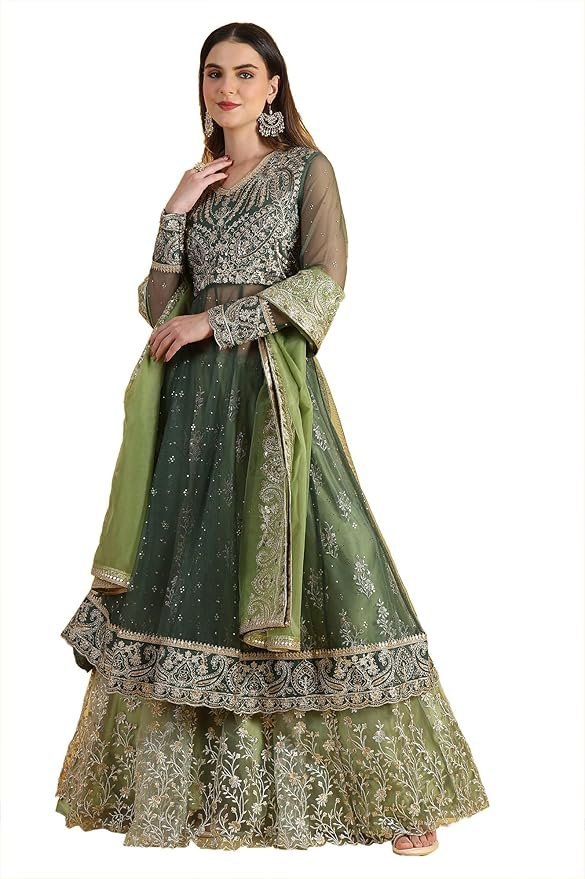 Wishful Women's Green Metallic Embroidery Mesh Flared Kurta & Skirt with Dupatta Set