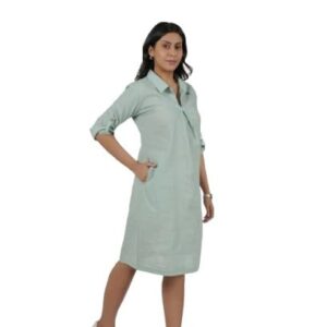 Praga Women's Cotton Shirt Dress, Mint Green, Roll-up Sleeves, Knee Length, Casual, Spring Summer Wear