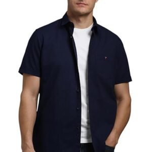 Louis Philippe Men's Textured Premium Cotton Slim fit Linen Blend Half Sleeve Casual Shirt with Soft Hand Feel