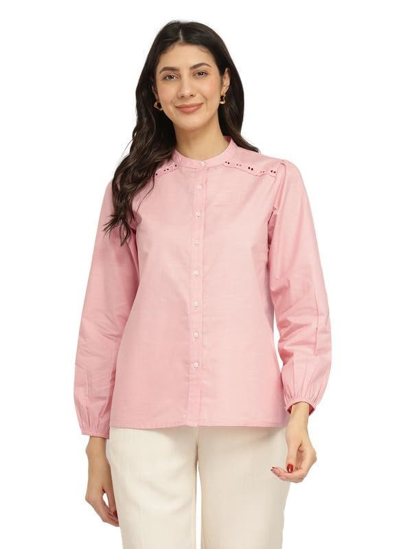 FableStreet Cotton Blend Mandarin Collar Top - Pink