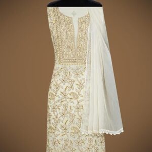 Ada Hand Embroidered Lucknowi Chikankari Unstitched Cotton Dress Material Suit Piece with Dupatta for Women 01A829724 Vanilla Yellow