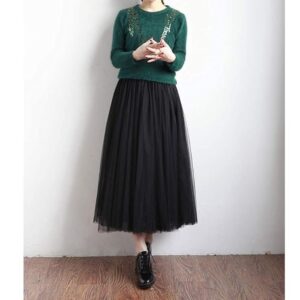 LBKKC Women's Midi Tulle Skirt Elastic Waist 3 Layered Mesh Formal Prom Party Tutu Skirt A Line