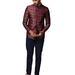 KISAH Mens Jodhpuri Bandhgala Trouser Set Silk Blend Jacquard, Ethnic Wear for Men, Maroon