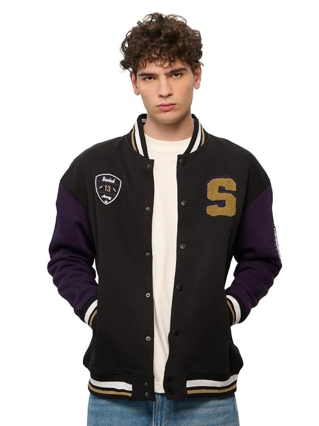 The Souled Store Souled Originals Jacket: Varsity Men and Boys Long Sleeves Band Neck Black Cotton Blend Oversized Varsity Jackets