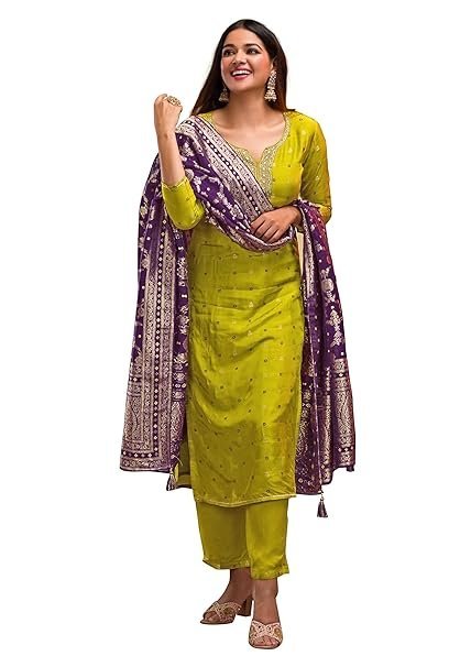 TRENDMALLS Women's Silk Embroidery Kurta Pant Set with Banarasi Dupatta