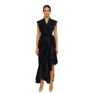 Prisella Navy Blue Glazed Organza Ruffle Gown for Women | Luxury Designer Western Dress | Asymmetrical Indo for Wedding, Cocktail, Birthday & Evening