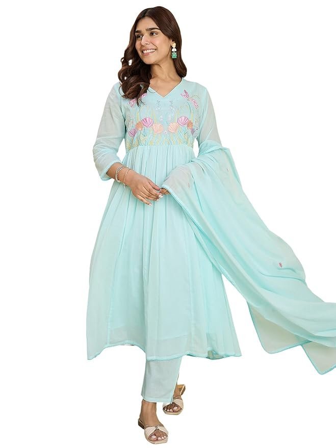 INDO ERA Women's Cotton Kurta and Pant with Dupatta Set