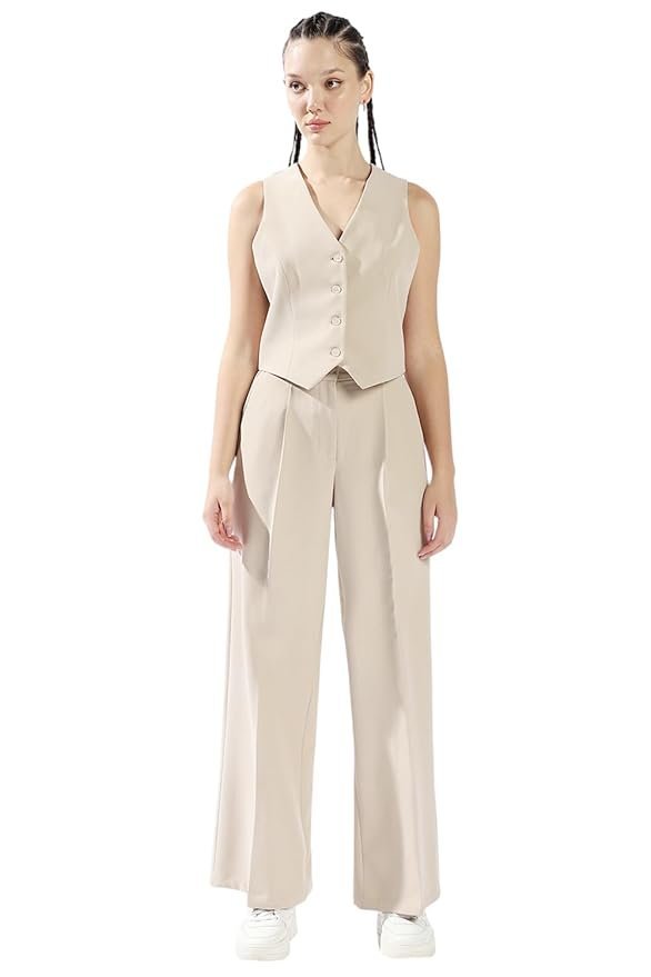 High Star Women Solid Regular Length Tailored Fit V Neck Sleeveless Waistcoat and Wide Leg Trouser Co-ord Set