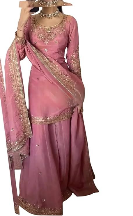 PORWAL CRAFT Women's Pure Chinnon Silk Embroidered Kurti with Sharara & Dupatta Set