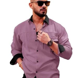 Maniac Mens Solid Collared Neck Full Sleeve Biscuit and Black Cotton Shirt