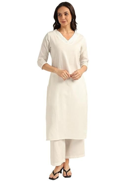 BLOCKS OF INDIA Women's Solid Straight Kurta Set | Hand-Stitched Neck Details with Pintucks | Comfortable Pants with Pockets, Elastic Waist & Drawstring Fit