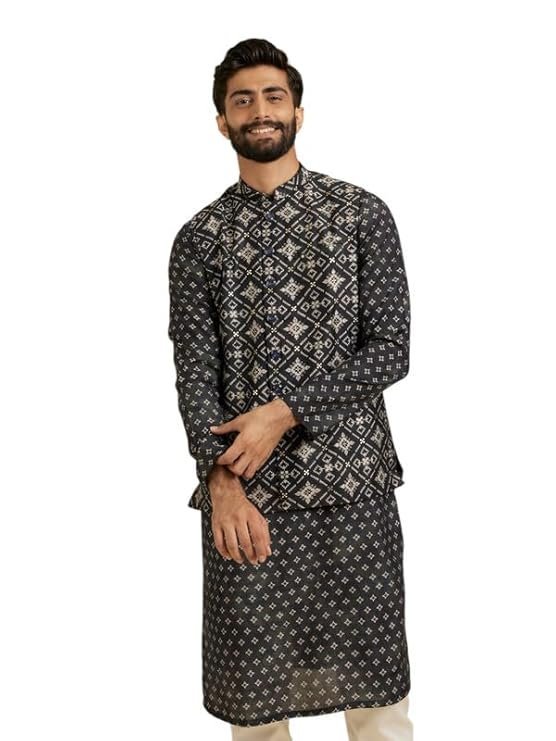 Manyavar Men's Viscose Blend Foil & Digital Print Kurta Jacket Set