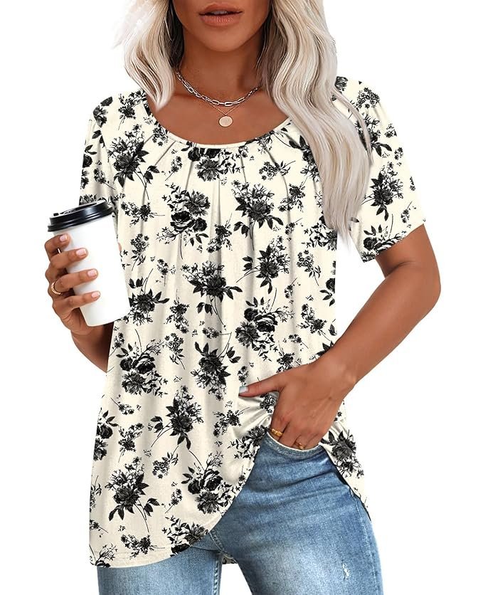 Anymeet 2023 Women's Summer Tunic Top Short Sleeve Casual Tshirts Pleated Loose Blouses for Leggings, Black Rose, XX-Large