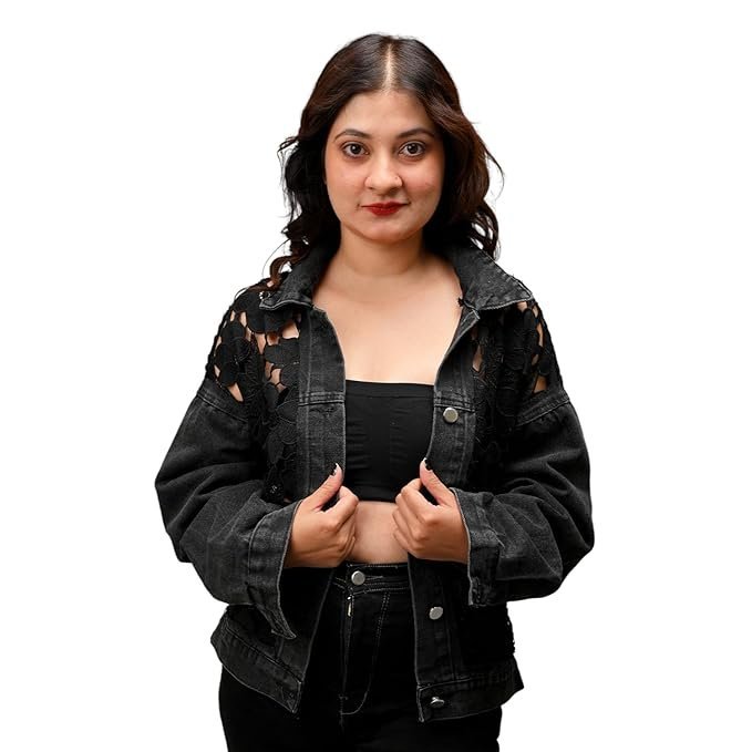 Bithsha Black Floral Cut-Out Back Denim Jacket for Women | Unique Designer Embroidered Lace & Ventilated Mesh Back | Regular Fit Casual Outerwear | Stylish Gift for Girls, Birthday & Anniversary