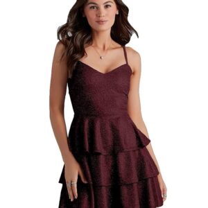 ADDYVERO V-Neck Shoulder Straps Sleeve Glam Glitter Ruffled Tiered Fit Above Knee Length Women Solid Fit and Flare Dress